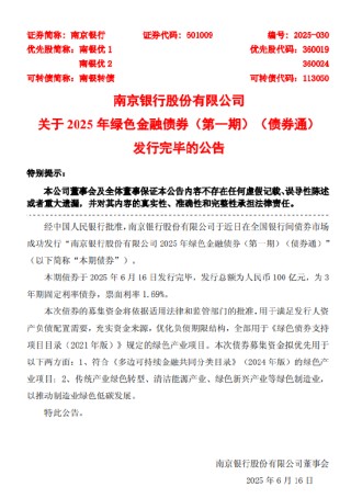 南京银行：100亿元绿色金融债券发行完毕