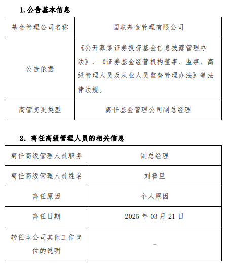 任职不满1年 国联基金副总经理刘鲁旦因个人原因离任  第1张