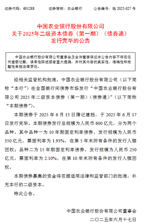 农业银行：600亿元二级资本债券发行完毕  第1张