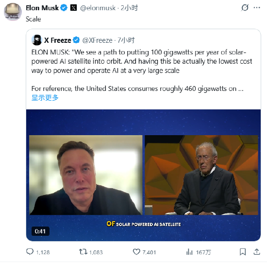 马斯克称计划每年在太空中部属100吉瓦人工智能 第1张 马斯克称计划每年在太空中部属100吉瓦人工智能 第1张