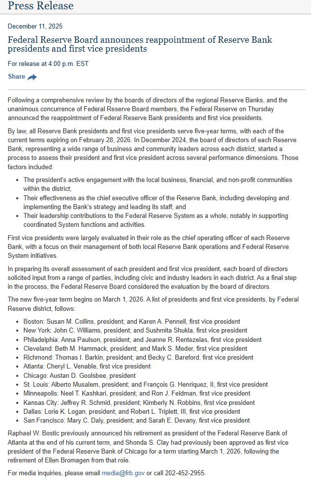 FED生怕特朗普“搅局”？11位地区联储主席重新任命完毕，为近20年来最早！  第2张